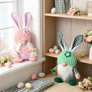 Pink Easter Plush Bunny Gnome Figurine – Decorative Doll with Long Hair and Checkered Ears for Home Display