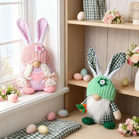 Pink Easter Plush Bunny Gnome Figurine – Decorative Doll with Long Hair and Checkered Ears for Home Display