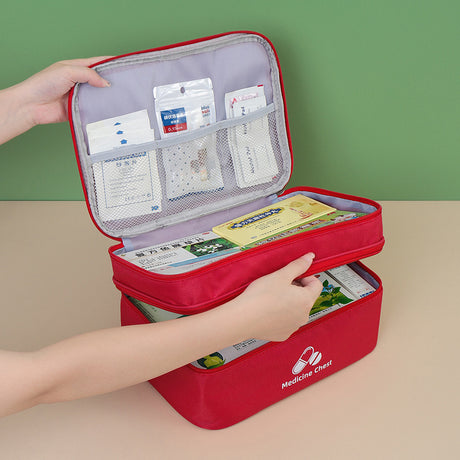 Beige Large First Aid Organizer –35×24×17cm Double-Layer Medicine Storage Case for Family & Travel Use