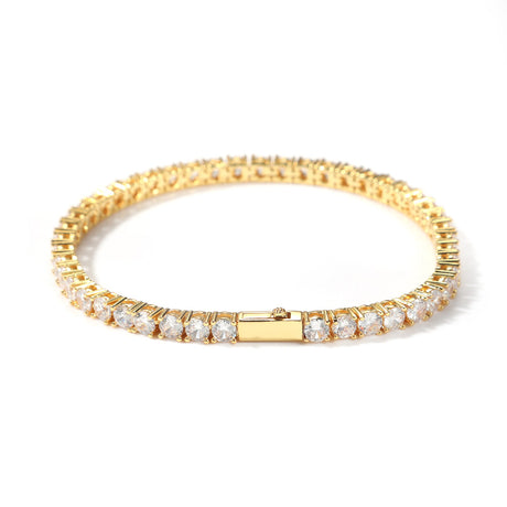 Gold Single-Row Zircon Bracelet – 4mm Wide, Brass Base with Secure Clasp, AAA+ Stones for Everyday Wear