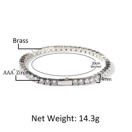 Gold Single-Row Zircon Bracelet – 4mm Wide, Brass Base with Secure Clasp, AAA+ Stones for Everyday Wear