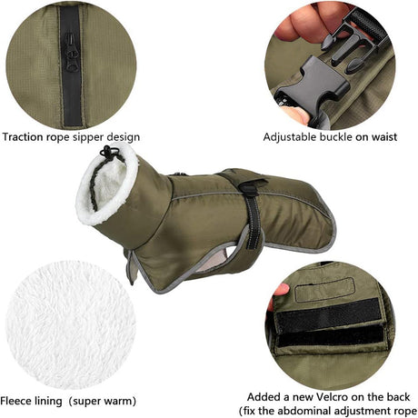 Green Dog Winter Jacket – Warm, Windproof & Waterproof Pet Coat with Fleece Lining and Reflective Strips for Cold Weather(Size: 2XL)