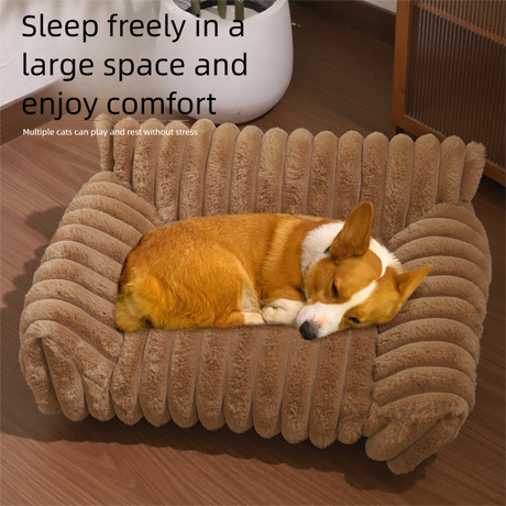 White  Plush Ribbed Pet Sofa Bed for Dogs and Cats - Thickened Milk Velvet Cushion, Large Comfy Dog Sofa(50*40*20cm)