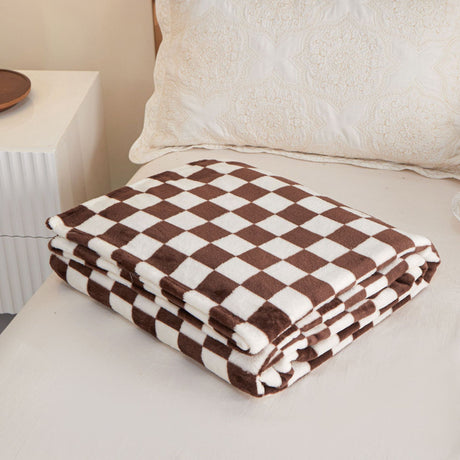 Coffee-colored and white checkered pattern Double-Sided Fleece Blanket – 150×200cm Machine Washable, No-Shedding Flannel Throw for Bed, Sofa & Air Conditioning Use
