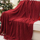 Red Nordic Minimalist Knit Throw Blanket – 127×180cm Lightweight, Soft & Breathable Fleece-like Fabric with Tassel Edges for Sofa, Bed, Yoga & Air Conditioning Use