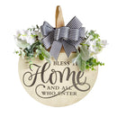 Rustic Wooden Door Hanger – "Bless This Home and All Who Enter" Round Sign with Artificial Flowers & Striped Bow for Front Door, Porch, or Entryway Decor