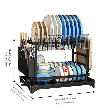 Black Foldable Dish Rack with Drain Tray, Knife & Chopstick Holder, Cup Rack, and Cutting Board Support – 42cm x 29cm x 29cm, Easy-Install Kitchen Storage Organizer for Plates, Bowls, Glasses, and Utensils