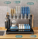 White Foldable Dish Rack with Drain Tray, Knife & Chopstick Holder, Cup Rack, and Cutting Board Support – 42cm x 29cm x 29cm, Easy-Install Kitchen Storage Organizer for Plates, Bowls, Glasses, and Utensils