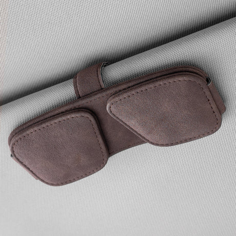 Brown Car Sun Visor Sunglasses Holder – Magnetic Dual Clip Organizer with Suede Finish, No-Drill Mounting for Glasses, Cards & Tickets