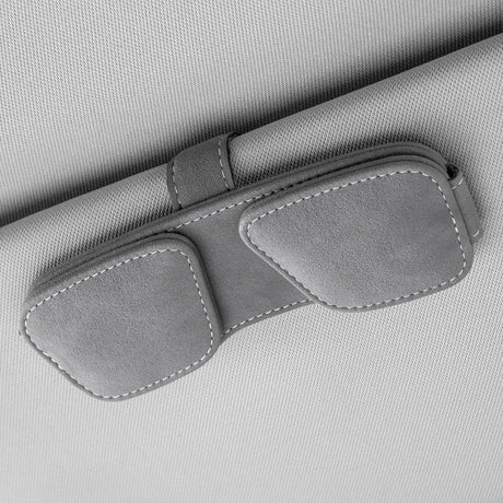 Grey Car Sun Visor Sunglasses Holder – Magnetic Dual Clip Organizer with Suede Finish, No-Drill Mounting for Glasses, Cards & Tickets