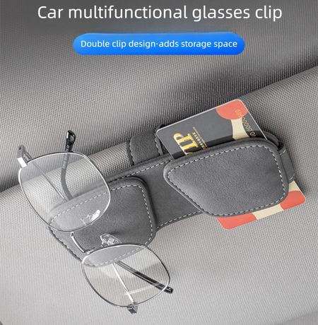 Grey Car Sun Visor Sunglasses Holder – Magnetic Dual Clip Organizer with Suede Finish, No-Drill Mounting for Glasses, Cards & Tickets