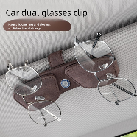 Grey Car Sun Visor Sunglasses Holder – Magnetic Dual Clip Organizer with Suede Finish, No-Drill Mounting for Glasses, Cards & Tickets
