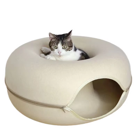 Beige Felt Donut Cat Bed with Zipper Tunnel Toy, Double-Layer Pet Cave for Cats, M Size (50x20cm), Cozy Hideaway for Indoor Cats