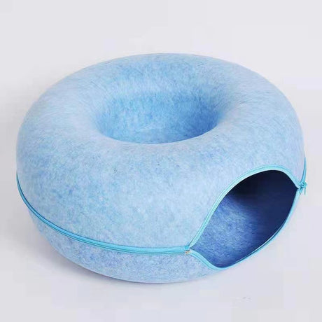 Sky blue Felt Donut Cat Bed with Zipper Tunnel Toy, Double-Layer Pet Cave for Cats, M Size (50x20cm), Cozy Hideaway for Indoor Cats