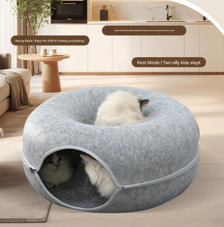Sky blue Felt Donut Cat Bed with Zipper Tunnel Toy, Double-Layer Pet Cave for Cats, M Size (50x20cm), Cozy Hideaway for Indoor Cats