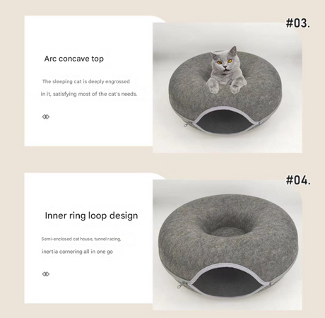 Dark grey Felt Donut Cat Bed with Zipper Tunnel Toy, Double-Layer Pet Cave for Cats, M Size (50x20cm), Cozy Hideaway for Indoor Cats