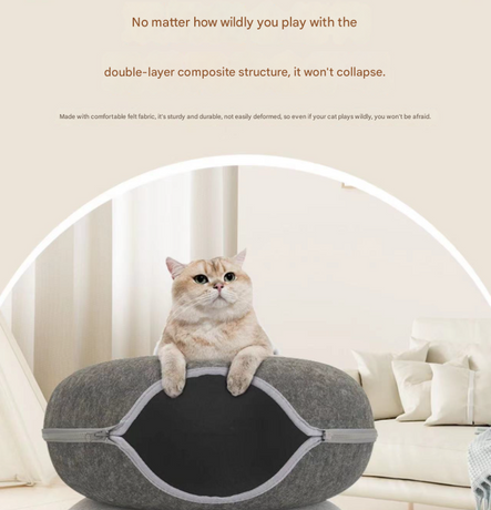 Dark grey Felt Donut Cat Bed with Zipper Tunnel Toy, Double-Layer Pet Cave for Cats, M Size (50x20cm), Cozy Hideaway for Indoor Cats