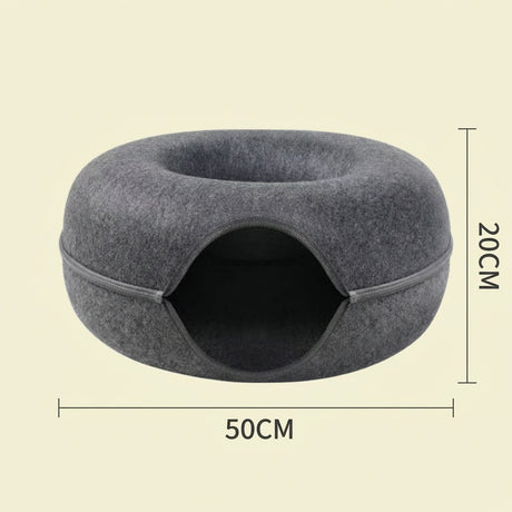 Dark grey Felt Donut Cat Bed with Zipper Tunnel Toy, Double-Layer Pet Cave for Cats, M Size (50x20cm), Cozy Hideaway for Indoor Cats