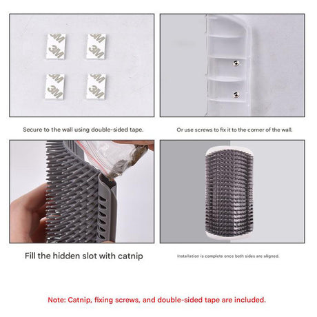 Grey Cat Corner Grooming Brush Set, 2-Piece Wall-Mounted Self-Groomer with Catnip, 288 & 314 Bristles, No-Shed Design for Scratching & Itch Relief, Large & Small Size Pet Grooming Tool