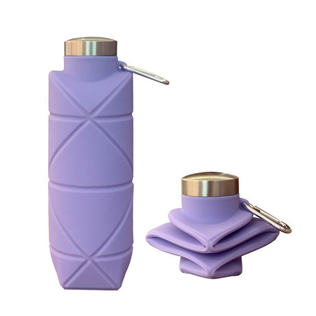 Purple 700ml Collapsible Silicone Water Bottle with Diamond Pattern - Food-Grade Portable Sports Bottle for Hiking, Camping, Travel & Gym - Leak-Proof Foldable Design with Carabiner Clip