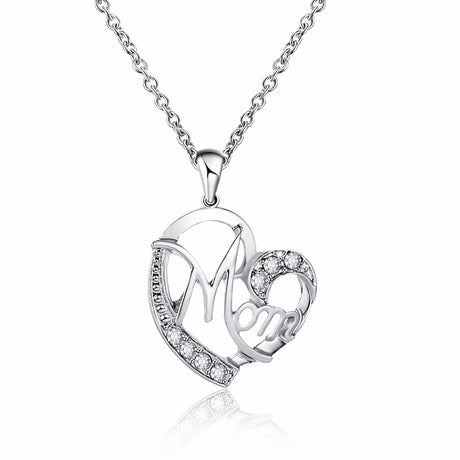 Silver MOM Heart Pendant Necklace with Rhinestones - Adjustable 47+5cm Chain, Lightweight Alloy Jewelry for Mother's Day Gift, Everyday Wear & Special Occasions - Elegant Letter Design for Women
