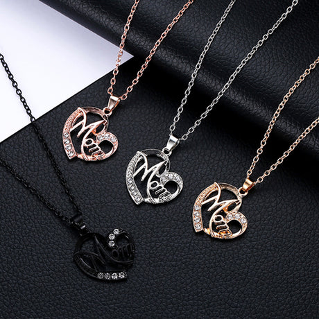 Silver MOM Heart Pendant Necklace with Rhinestones - Adjustable 47+5cm Chain, Lightweight Alloy Jewelry for Mother's Day Gift, Everyday Wear & Special Occasions - Elegant Letter Design for Women