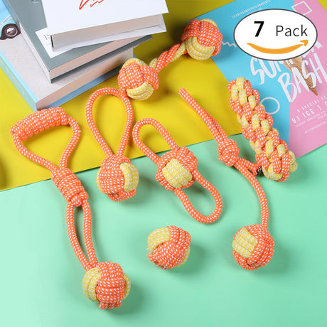 7-Piece Orange-yellow Durable Cotton Rope Dog Toy Set - Washable Knotted Ball & Tug Toys for Aggressive Chewers, Interactive Teeth Cleaning Pet Toy for Small to Medium Dogs & Cats