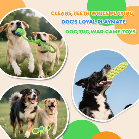 7-Piece Red and Green Durable Cotton Rope Dog Toy Set - Washable Knotted Ball & Tug Toys for Aggressive Chewers, Interactive Teeth Cleaning Pet Toy for Small to Medium Dogs & Cats
