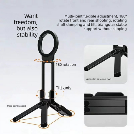 Black Portable Magnetic Phone Mount with MagLock - Multi-Functional Foldable Tripod Stand for Desktop, Travel & Vlogging, Strong Dual Magnet Design for iPhone & Android