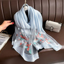 Light blue Elegant Embroidered Begonia Flower Long Scarf for Women - Beaded Faux Silk Shawl with Floral Design, Lightweight Sunscreen Wrap for Spring Autumn Daily Wear