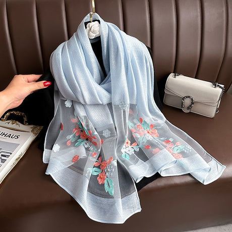 Light blue Elegant Embroidered Begonia Flower Long Scarf for Women - Beaded Faux Silk Shawl with Floral Design, Lightweight Sunscreen Wrap for Spring Autumn Daily Wear