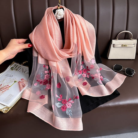 Pink Elegant Embroidered Begonia Flower Long Scarf for Women - Beaded Faux Silk Shawl with Floral Design, Lightweight Sunscreen Wrap for Spring Autumn Daily Wear