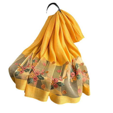 Camel color Elegant Embroidered Begonia Flower Long Scarf for Women - Beaded Faux Silk Shawl with Floral Design, Lightweight Sunscreen Wrap for Spring Autumn Daily Wear