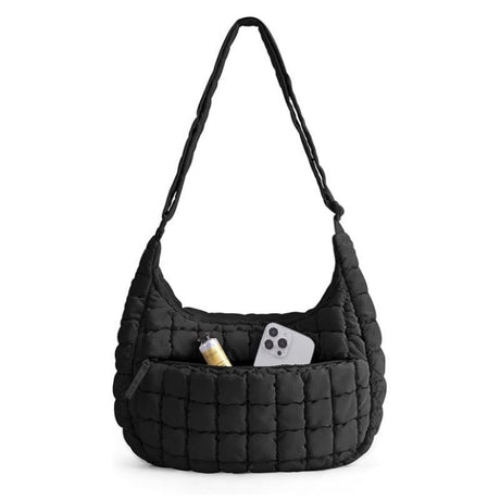 Black Ruched Cloud Shoulder Bag with Puffy Down Cotton Padded Dumpling Shape Lightweight Crossbody Handbag for Local Women Fashionable Daily Essential