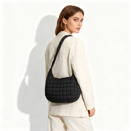 Black Ruched Cloud Shoulder Bag with Puffy Down Cotton Padded Dumpling Shape Lightweight Crossbody Handbag for Local Women Fashionable Daily Essential