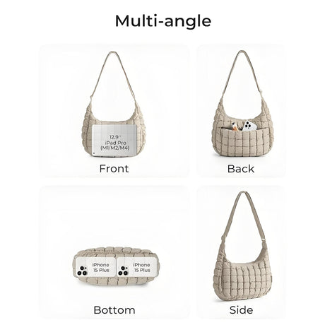 Black Ruched Cloud Shoulder Bag with Puffy Down Cotton Padded Dumpling Shape Lightweight Crossbody Handbag for Local Women Fashionable Daily Essential