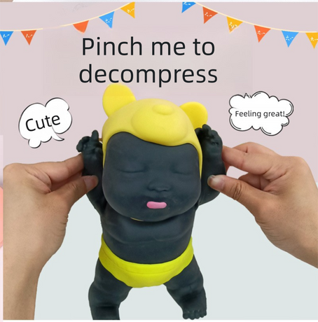 Black 26CM Large Squeeze Ugly Doll Stress Relief Toy Slow Rebound TPR Sand-Filled Squishy Figure for Local Home Pretend Play and Anxiety Reduction(Pink cap and purple trousers)