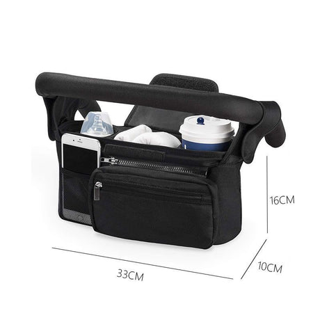 Black Universal Stroller Organizer Bag - Durable Water-Resistant Fabric - Dual Insulated Cup Holders, Large Capacity Storage Caddy for Diapers and Essentials, Fits Most Prams, Travel Friendly Solution