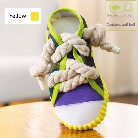 Yellow Squeaky Canvas Shoe Dog Toy - Durable Realistic Sneaker Design for Chewing and Teething, Interactive Boredom Buster with Built-in Squeaker, Daily Play and Training Solution for Pets