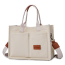 Beige Large Canvas Tote Bag for Women - Multi-Pocket Utility Organiser with Wide Adjustable Shoulder Strap - Trendy Crossbody and Handheld Bag for Work, Shopping and Travel - Daily Comfort Solution