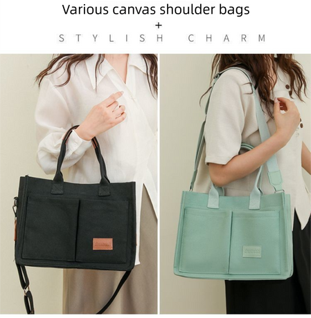 Black Large Canvas Tote Bag for Women - Multi-Pocket Utility Organiser with Wide Adjustable Shoulder Strap - Trendy Crossbody and Handheld Bag for Work, Shopping and Travel - Daily Comfort Solution