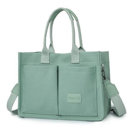 Green Large Canvas Tote Bag for Women - Multi-Pocket Utility Organiser with Wide Adjustable Shoulder Strap - Trendy Crossbody and Handheld Bag for Work, Shopping and Travel - Daily Comfort Solution