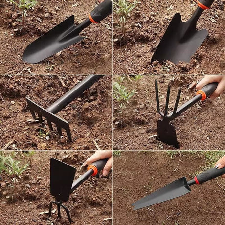 4-Piece Garden Hand Tool Set - Heavy Duty Steel with Ergonomic Non-Slip Grips - Includes Trowel, Transplanter, 5-Prong Rake and Dual-Purpose Hoe for Weeding, Planting and Shell Digging