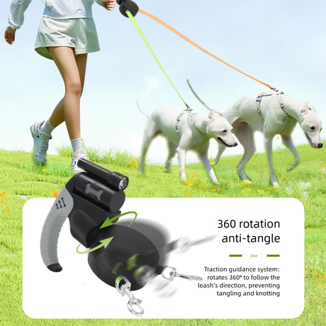 Black Dual Retractable Dog Leash - Tangle-Free 360 Degree Rotation - Built-in LED Flashlight, Individual Brake and Lock System for Two Dogs, Safety for Night Walking and Outdoor Training