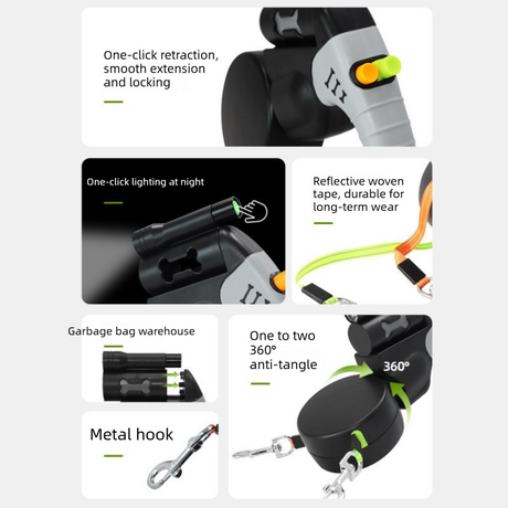 Black Dual Retractable Dog Leash - Tangle-Free 360 Degree Rotation - Built-in LED Flashlight, Individual Brake and Lock System for Two Dogs, Safety for Night Walking and Outdoor Training