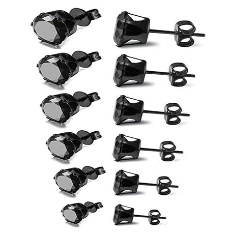 6-Pair Black Stainless Steel Stud Earring Set - Classic 6-Prong Crown Setting with Sparkling Round Cubic Zirconia in Multiple Sizes - Durable Skin-Friendly Jewelry for Daily Wear and Stacking