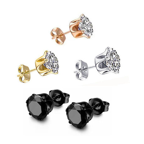 6-Pair Golden Stainless Steel Stud Earring Set - Classic 6-Prong Crown Setting with Sparkling Round Cubic Zirconia in Multiple Sizes - Durable Skin-Friendly Jewelry for Daily Wear and Stacking