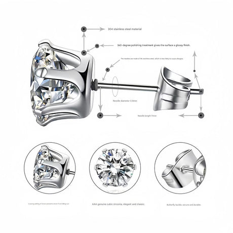 6-Pair Golden Stainless Steel Stud Earring Set - Classic 6-Prong Crown Setting with Sparkling Round Cubic Zirconia in Multiple Sizes - Durable Skin-Friendly Jewelry for Daily Wear and Stacking