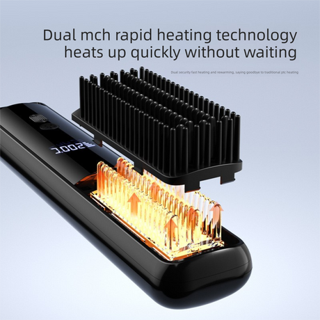 Green Wireless Rechargeable Hair Straightener Brush with LCD Display - USB-C Fast Charging, 3 Heat Settings, Cool Air Function - Portable Ceramic Heating Comb for Travel and Home Use