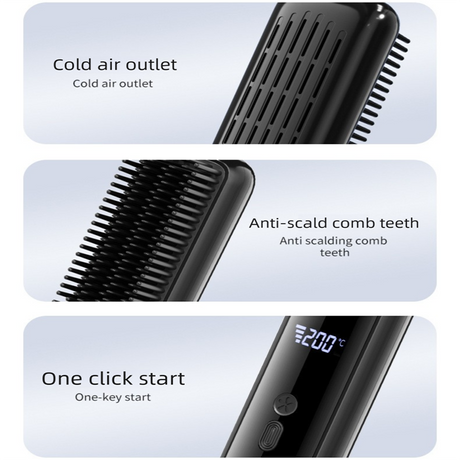 Green Wireless Rechargeable Hair Straightener Brush with LCD Display - USB-C Fast Charging, 3 Heat Settings, Cool Air Function - Portable Ceramic Heating Comb for Travel and Home Use